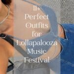 An overhead shot of a woman wearing a dark blue denim dress with cut-out details and silver gem accents with a black mini leather backpack with text overlay "11+ perfect outfits for Lollapalooza music festival"