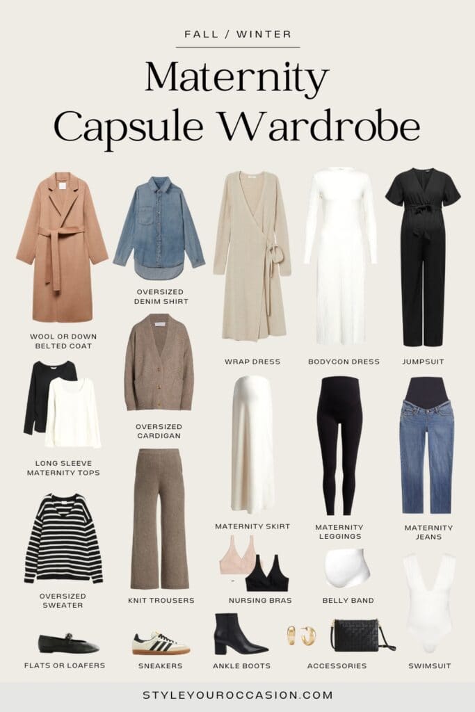image of a fall/winter maternity capsule wardrobe that is primarily neutral