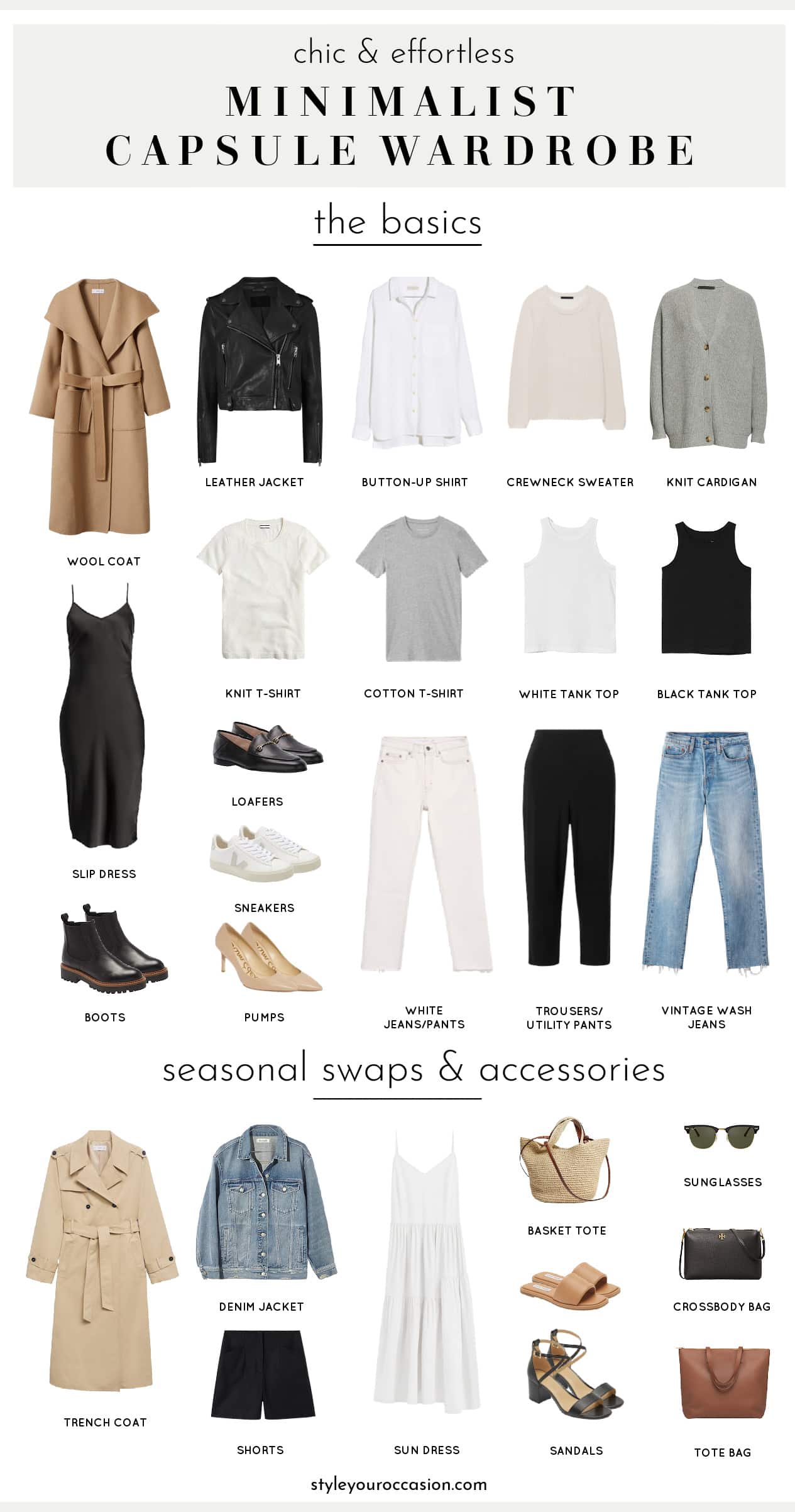 image of a collage of neutral and stylish clothing for women for a minimal wardrobe capsule