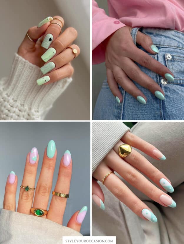 collage of four hands with mint green nails