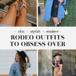 image collage of four women wearing outfits for a rodeo with cowboy hats and boots