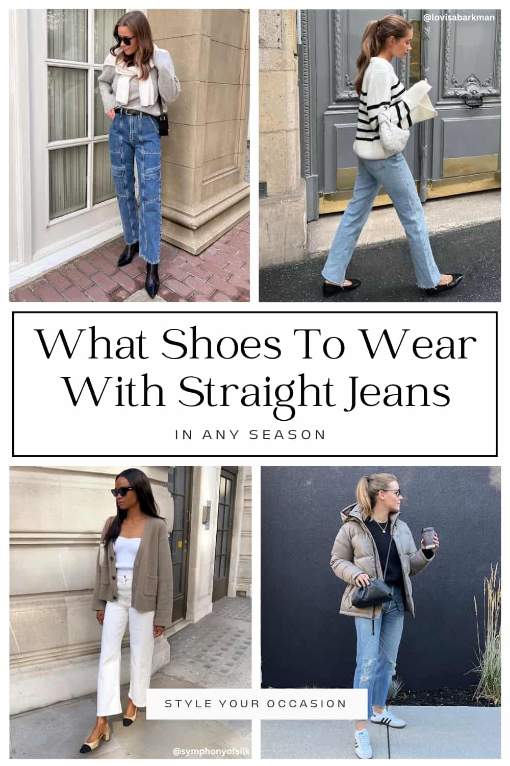 collage of four women wearing stylish outfits with different shoes and straight leg jeans