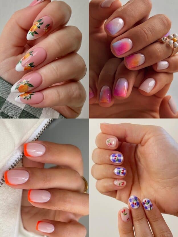 collage of four hands with summer nail designs