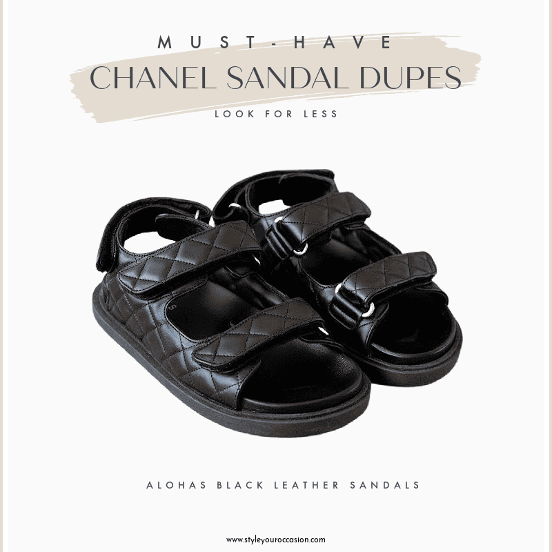 Image board of a black quilted Chanel sandal dupe by Alohas