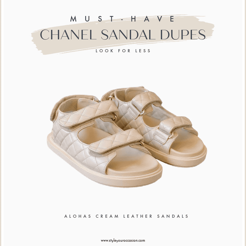Image board of an ivory quilted Chanel sandal dupe by Alohas