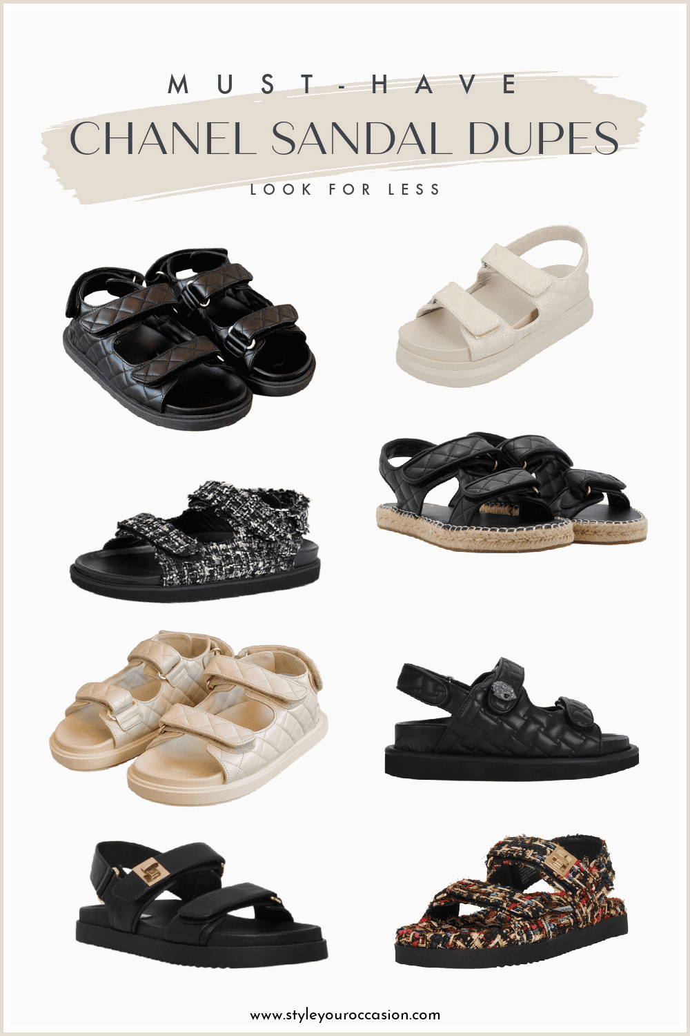 Image board of several Chanel sandal dupes in white, black, and tweed