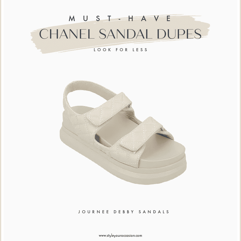 Image board of a white quilted Chanel sandal dupe by Journee