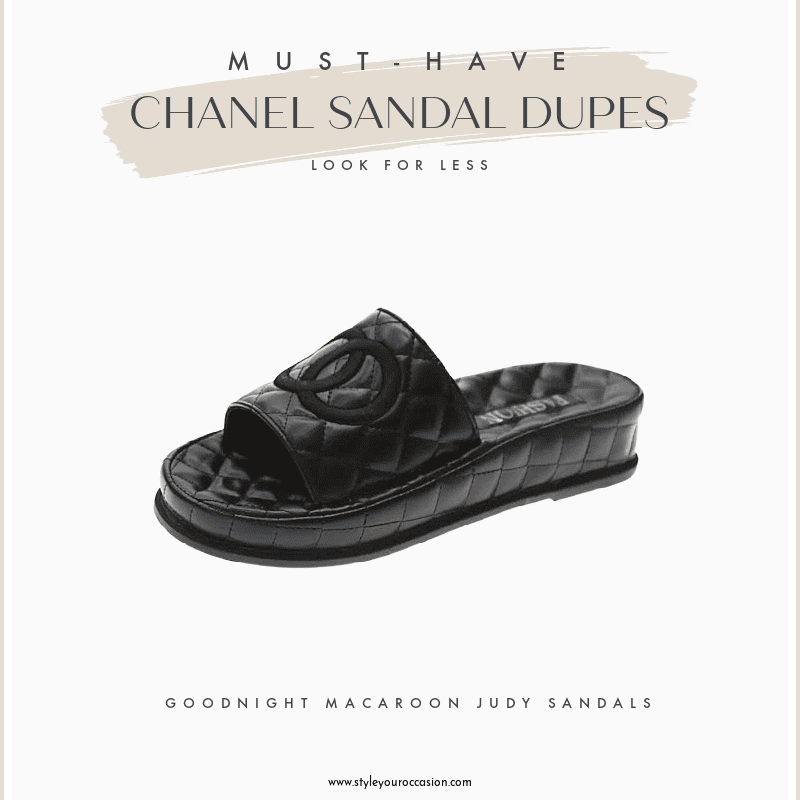 Image board of a black quilted Chanel sandal dupe by Goodnight Macaroon