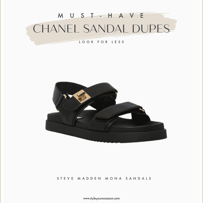 Image board of a black and gold Chanel sandal dupe by Steve Madden