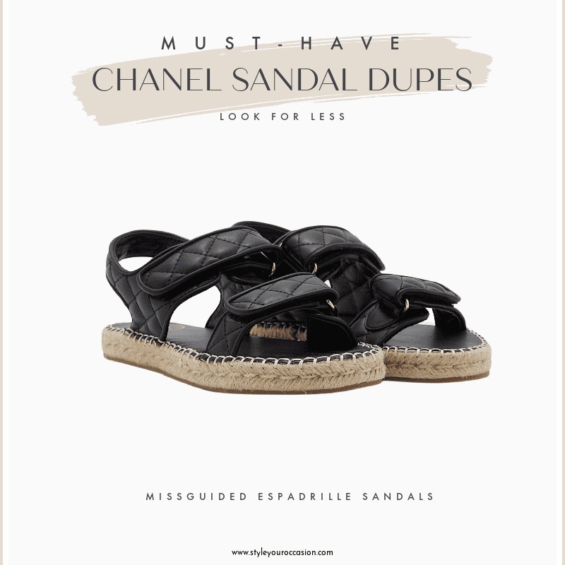 Image board of a black quilted Chanel sandal dupe by Missguided
