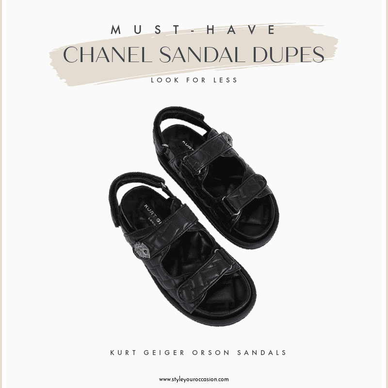Image board of a black quilted Chanel sandal dupe by Kurt Geiger