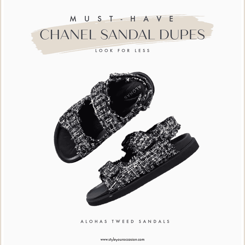 Image board of a tweed Chanel sandal dupe by Alohas