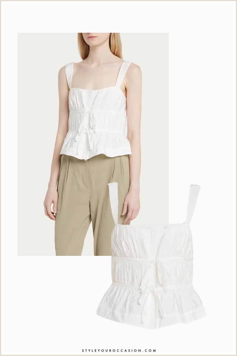 image of a white peplum tank top from Bergdorf Goodman sale with a model wearing the top