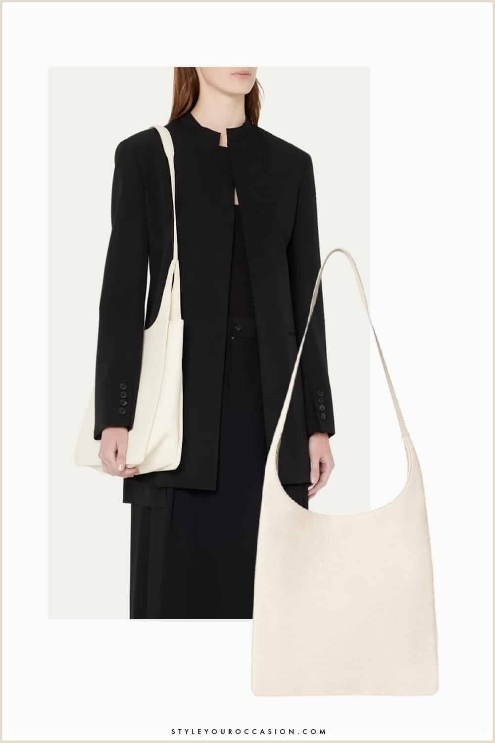 image of a woman wearing an all black outfit with an ivory leather shoulder bag from The Row