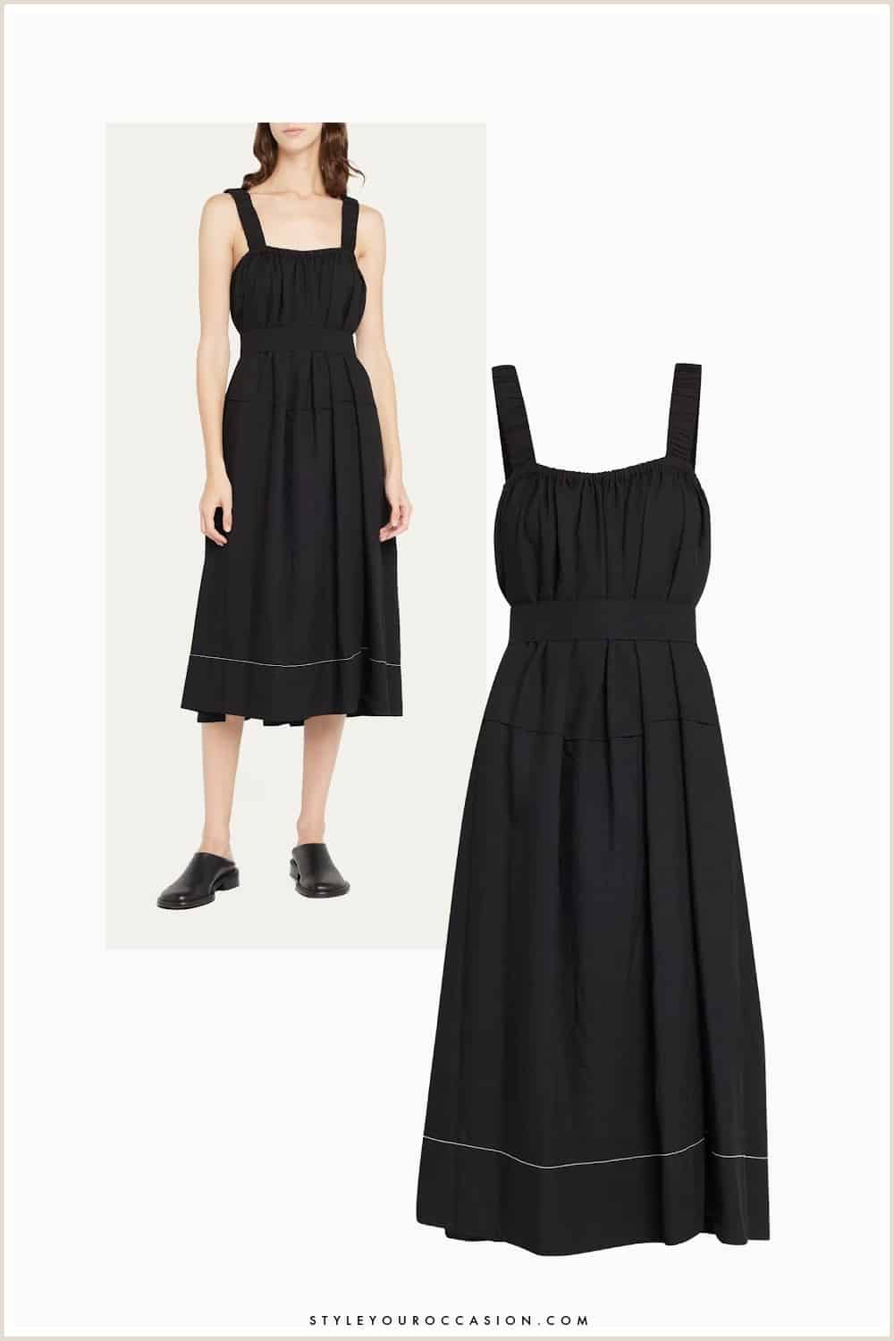 image of a woman in a black midi tank dress with black mules