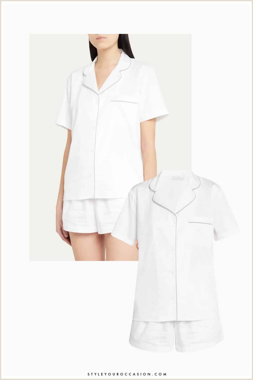 image of a woman wearing a two-piece white cotton pajama shorts set from Bergdorf Goodman