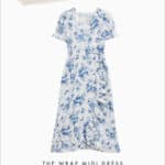 an image board of one of the best dresses to wear for family photos featuring a white wrap midi dress with a blue floral print