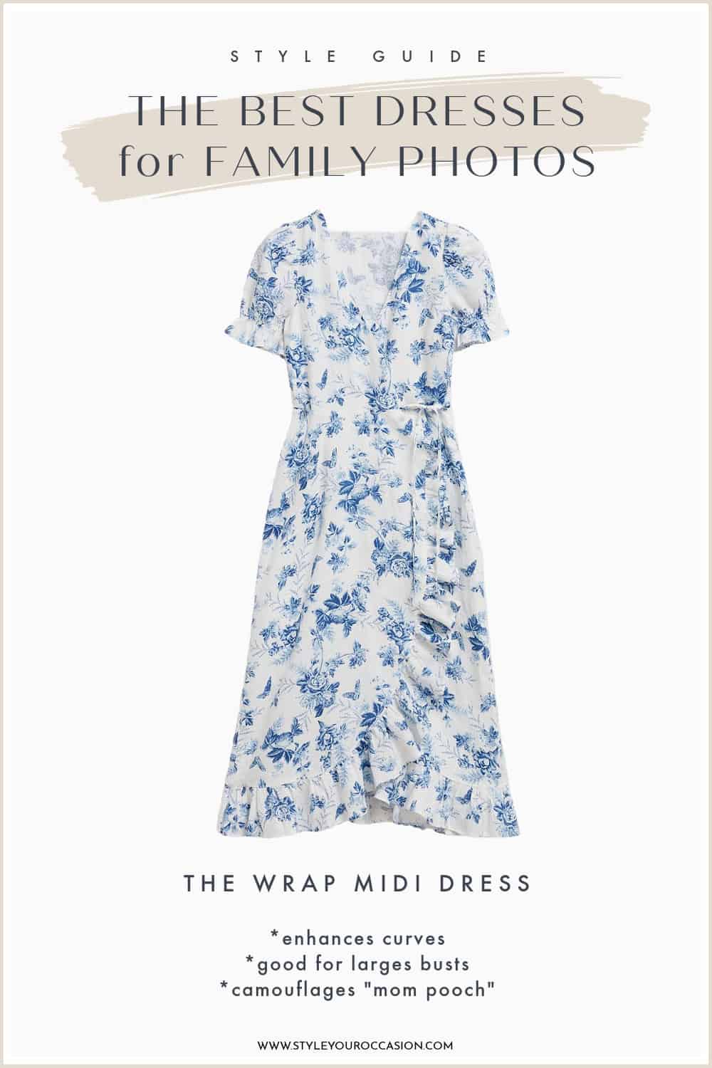an image board of one of the best dresses to wear for family photos featuring a white wrap midi dress with a blue floral print