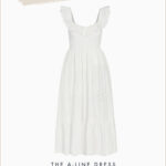 an image board of one of the best dresses to wear for family photos featuring a white a-line midi dress with a ruffled neckline