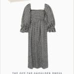 an image board of one of the best dresses to wear for family photos featuring an off-the-shoulder black and white gingham dress with long puffed sleeves