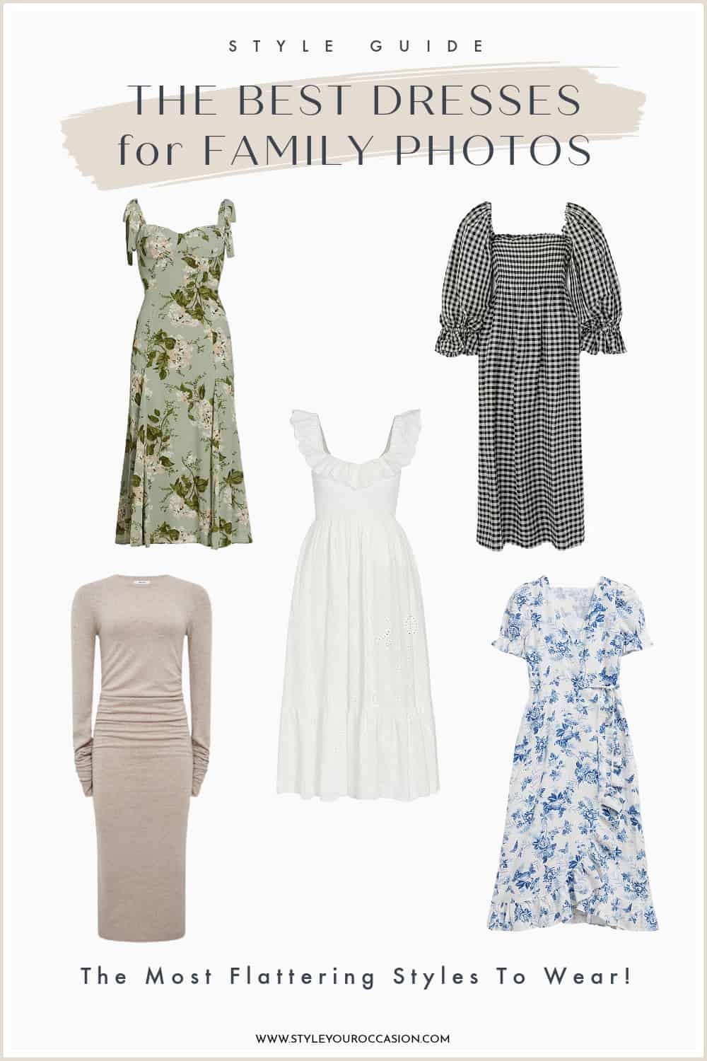 an image board of the best dresses to wear during a family photoshoot, including floral, gingham, and solid-colored dresses