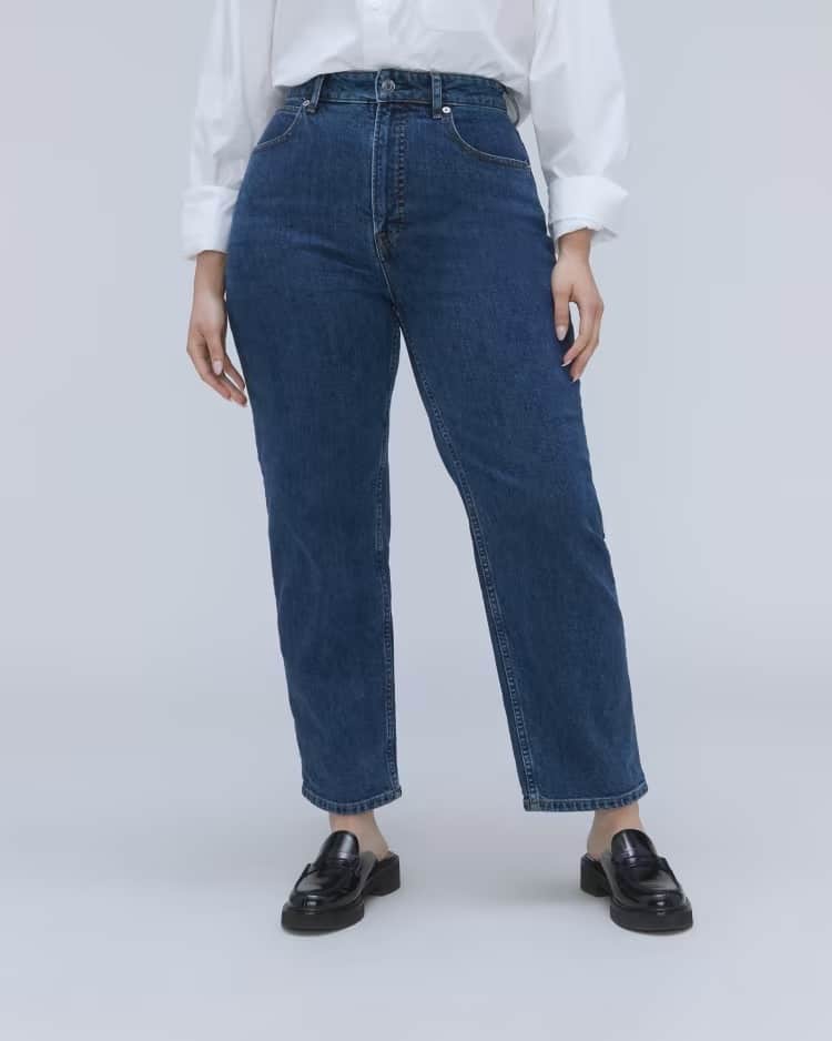 An image of dark washed straight leg jeans from Everlane
