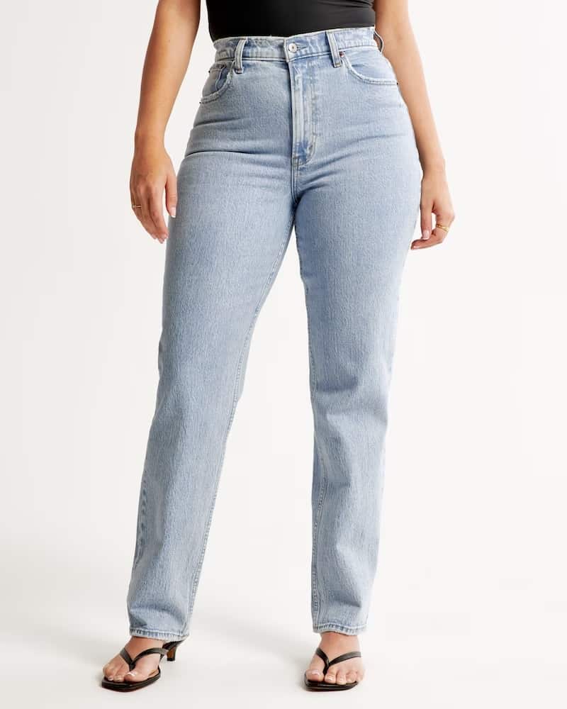 an image of light washed high-rise curvy jeans from Abercrombie