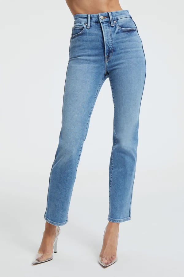 an image of high-rise medium washed curvy jeans from Good American