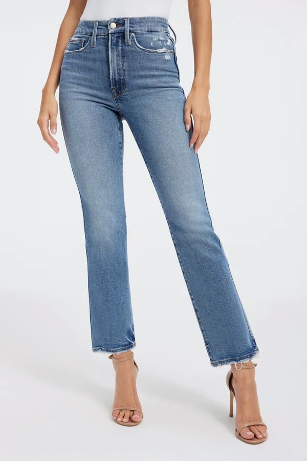 an image of high-rise medium washed raw hem jeans from Good American