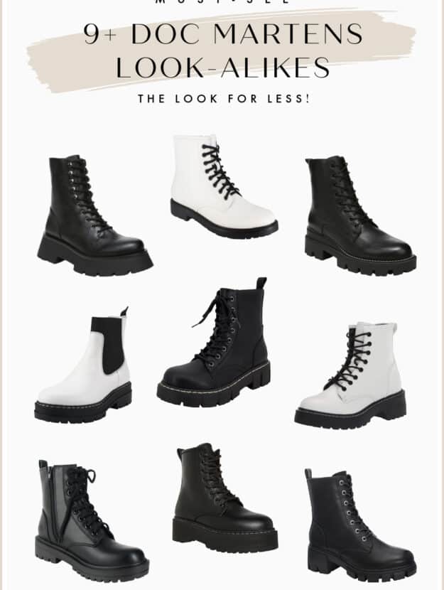 collage of nine different boots like Doc Martens in black and white colors