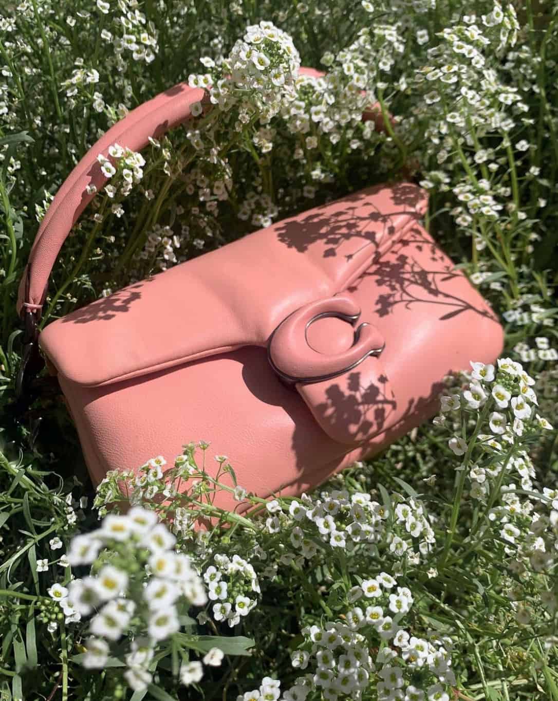 A pink Coach purse in a field of white flowers