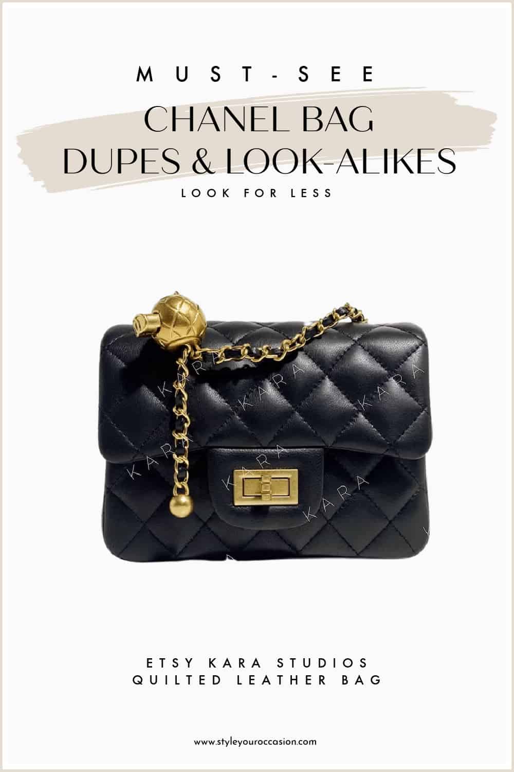An image of a black quilted Chanel bag dupe from Etsy