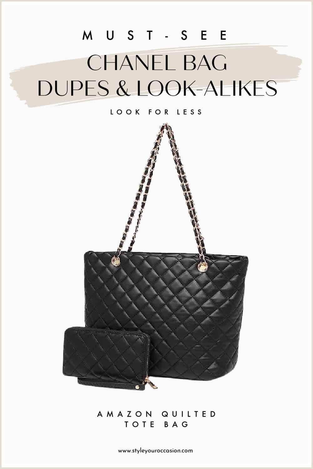 An image of a black quilted Chanel tote dupe from Amazon