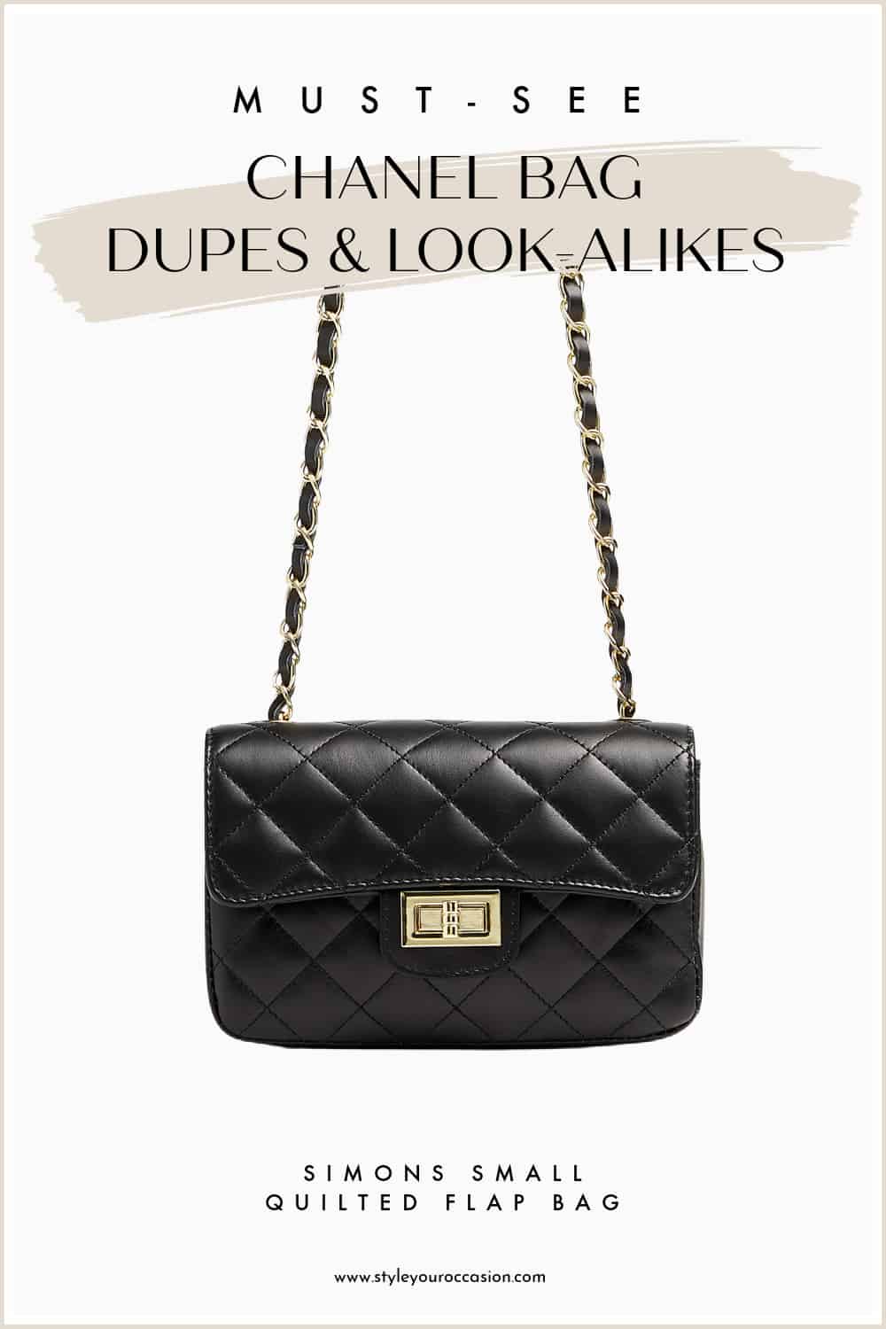 An image of a black quilted Chanel bag dupe from Simons
