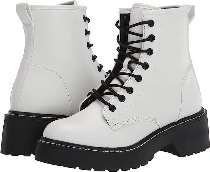 image a pair of combat boots like Doc Martens with white faux leather, a chunky black sole and white stitching 