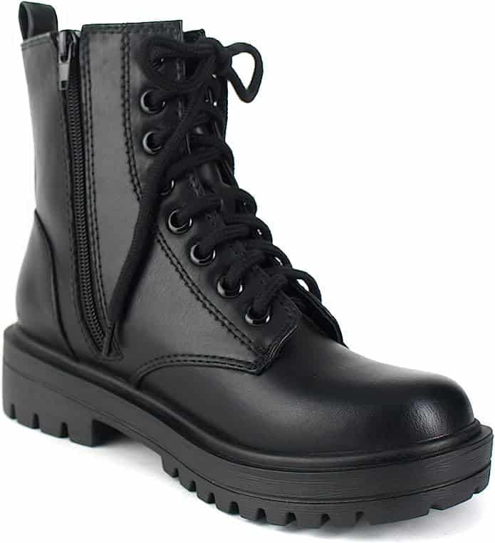 image of a black combat boot with a chunky sole and black laces, with a similar look to Doc Martens