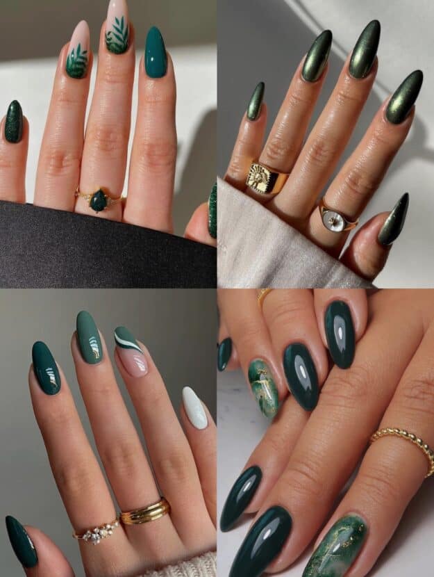 collage of four hands with forest green nail designs