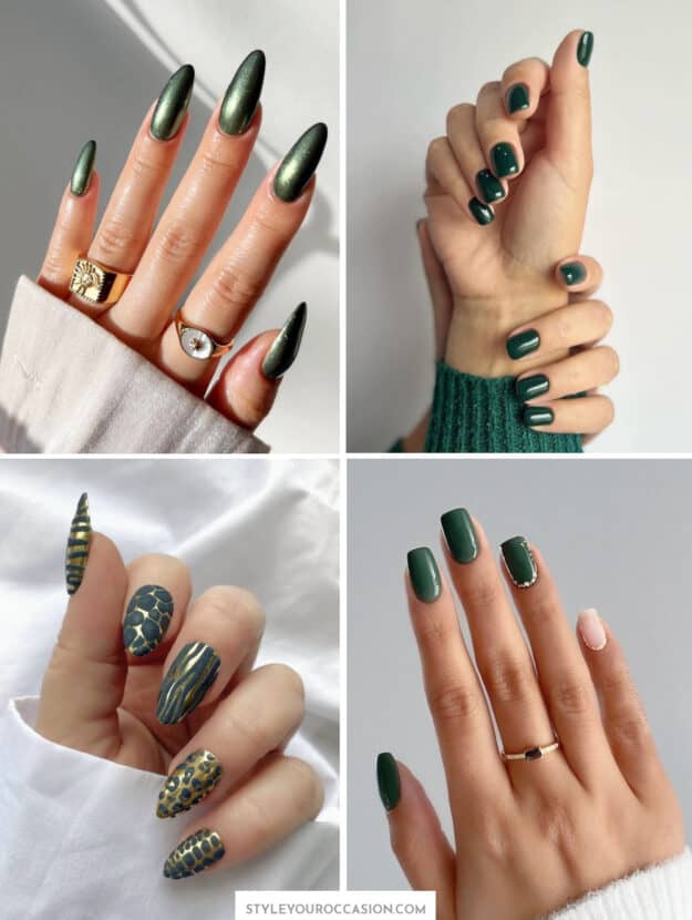 image collage of four hands with dark forest green nails