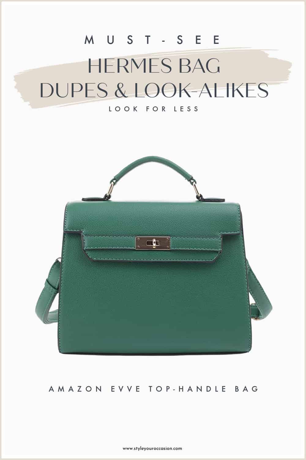 an image board of a green leather top handle Hermes look-alike purse from Amazon