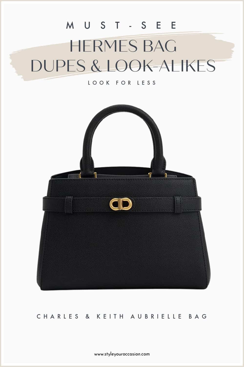 an image board of a black and gold satchel Hermes bag dupe from Charles and Keith