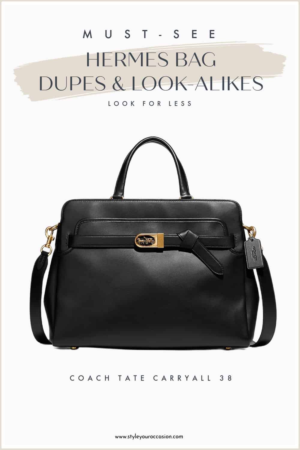 an image board of a black leather and gold Hermes look-alike handbag from Coach