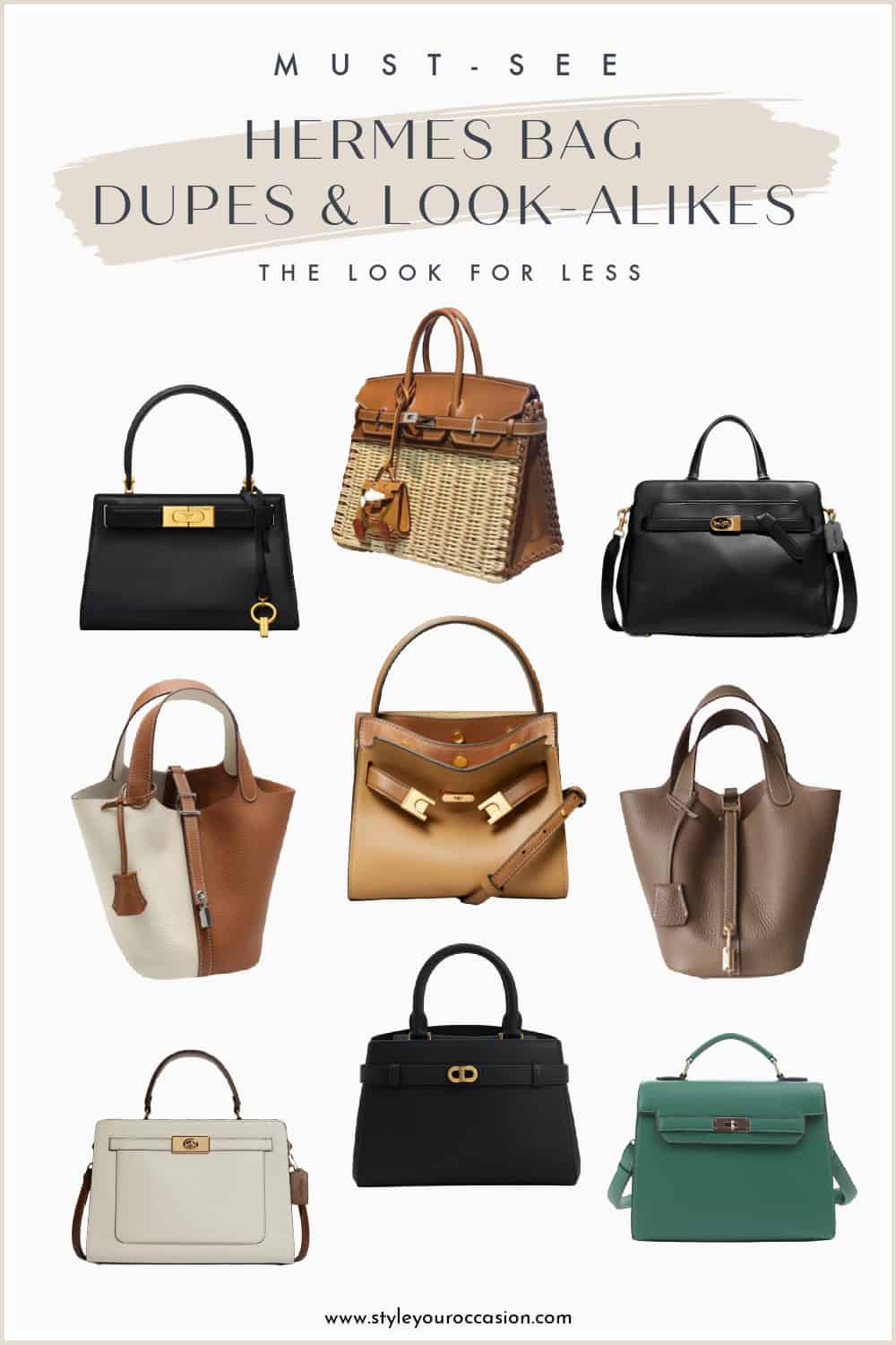 an image board of Hermes bag dupes and look-alikes