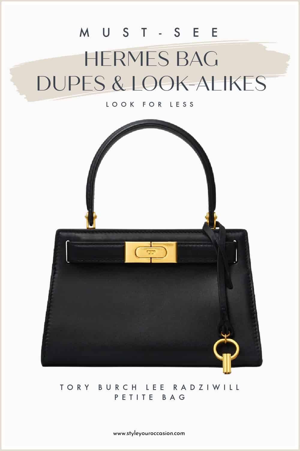 an image board of a black and gold satchel Hermes bag dupe from Tory Burch