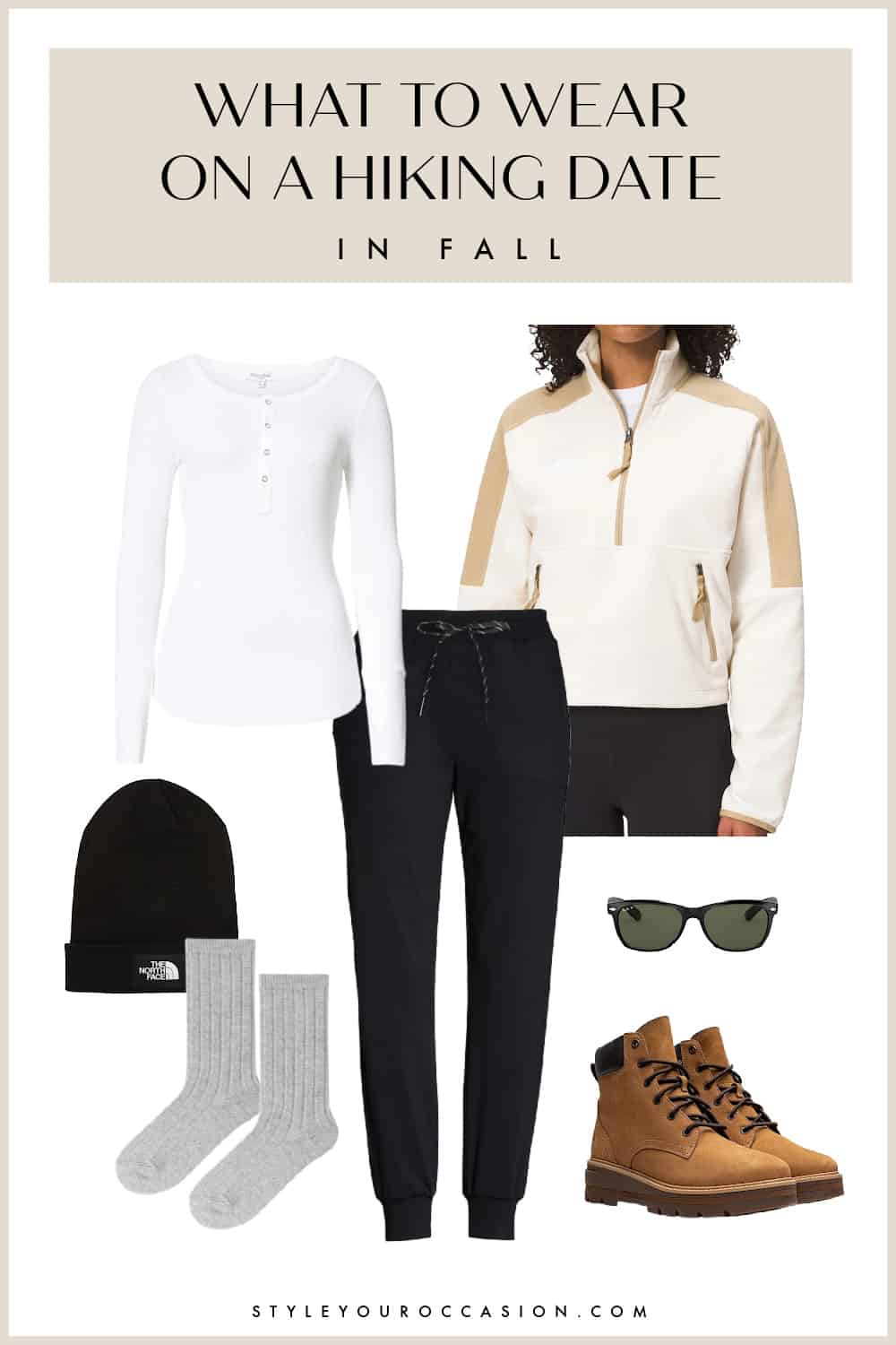 outfit collage for what to wear on a hiking date in the the fall with a fleece jacket, thermal top, leggings, hiking boots, wool socks and knit toque