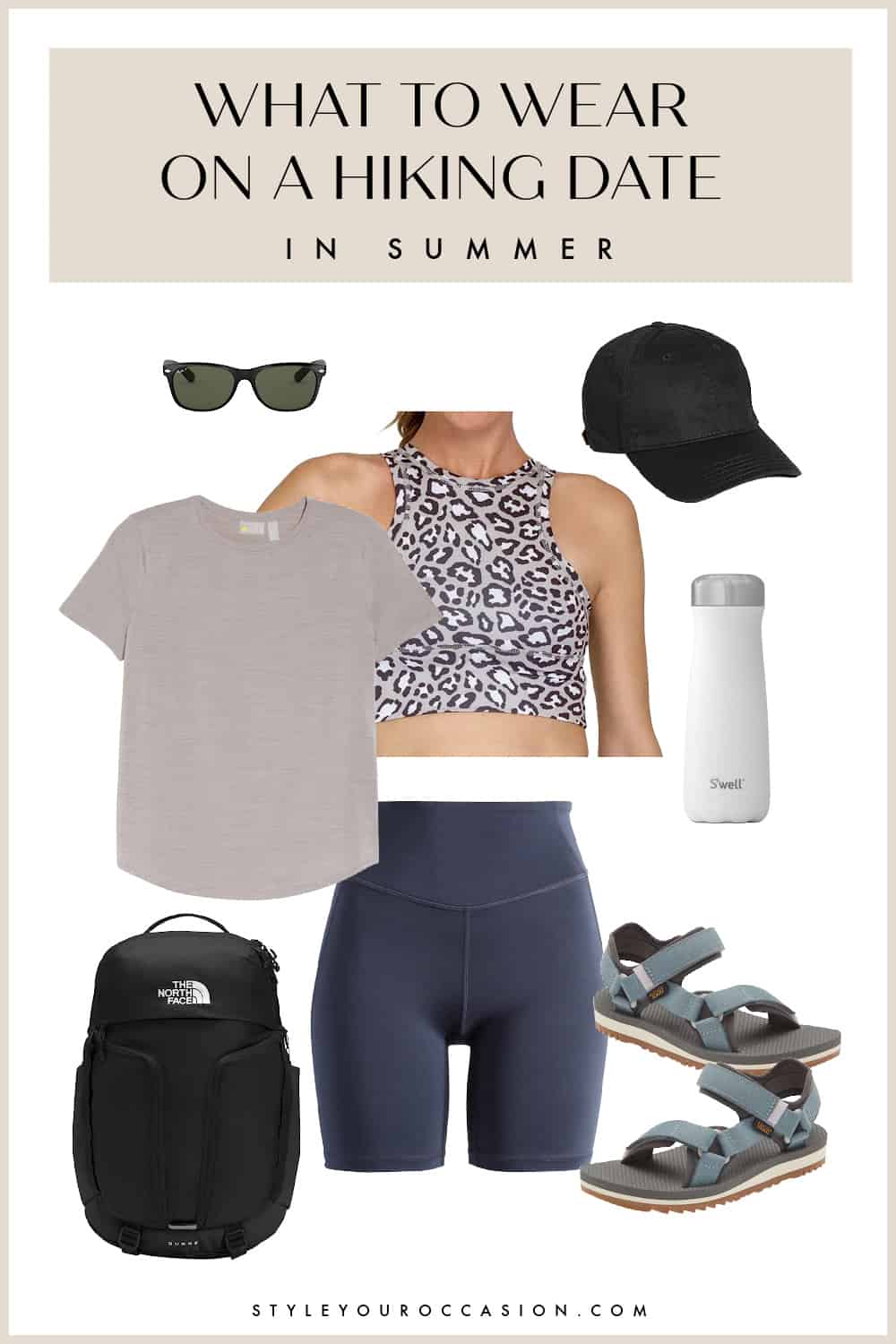 outfit collage for what to wear on a hiking date in the the summer with a light t-shirt, sports bra, spandex shorts, hiking sandals, hat, and backpack 