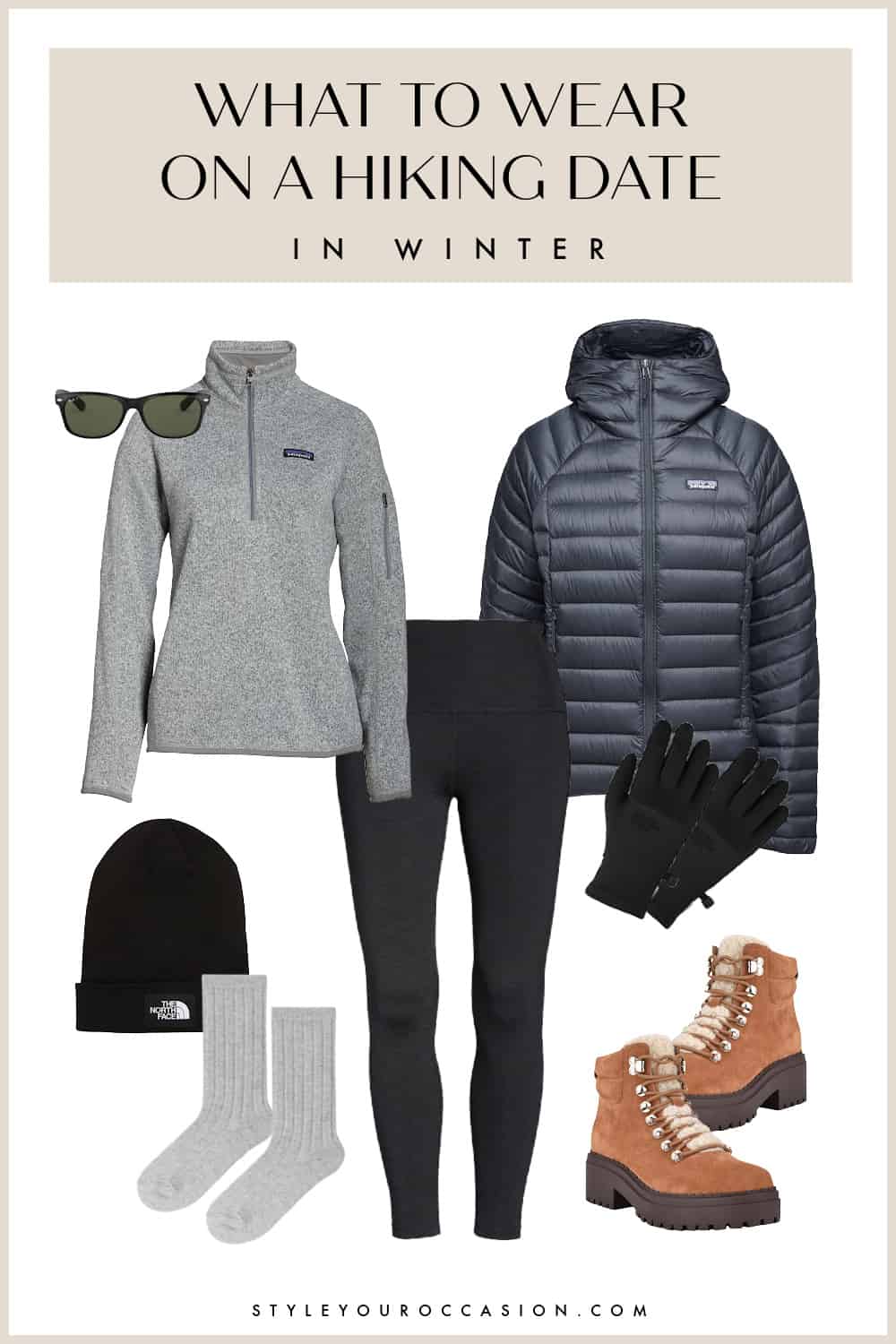outfit collage for what to wear on a hiking date in the the winter with a down puffer jacket, thermal pullover, leggings, hiking boots, wool socks, thermal gloves, and toque