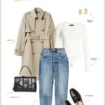 Outfit collage of best jeans to wear for an hourglass figure with blue jeans, an ivory bodysuit, tan trench coat, black mules, and a black purse