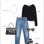 Outfit collage of best jeans to wear for an hourglass figure with high-rise blue jeans, a black ribbed cardigan, high top sneakers, and a black purse