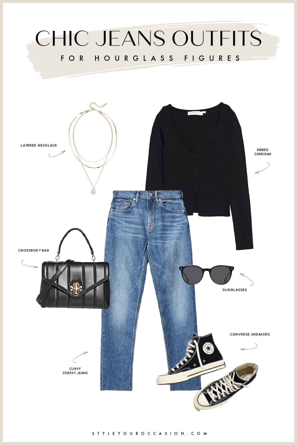 Outfit collage of best jeans to wear for an hourglass figure with high-rise blue jeans, a black ribbed cardigan, high top sneakers, and a black purse