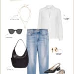 Outfit collage of best jeans to wear for an hourglass figure with blue jeans, a silk white shirt, slingback heels, a black purse, and sunglasses